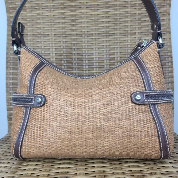 Fossil Bag Satchel Tan Straw Material Brown Leather Shoulder Strap Key Charm - Picture 4 of 16